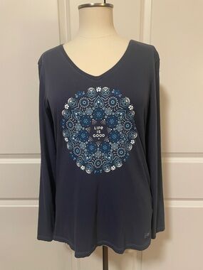 Life Is Good Blue Long-Sleeve V-Neck with Blue & White Mandala Size Medium